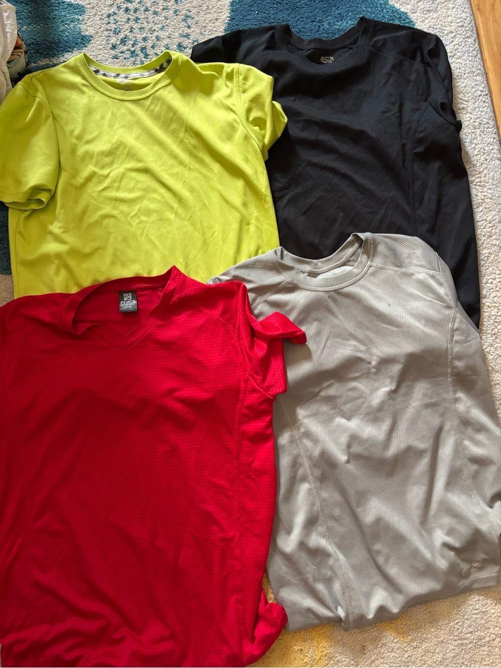 Lot of 4 Athletic Crew Neck Shirts - Neon Yellow, Red, Black, Light Gray